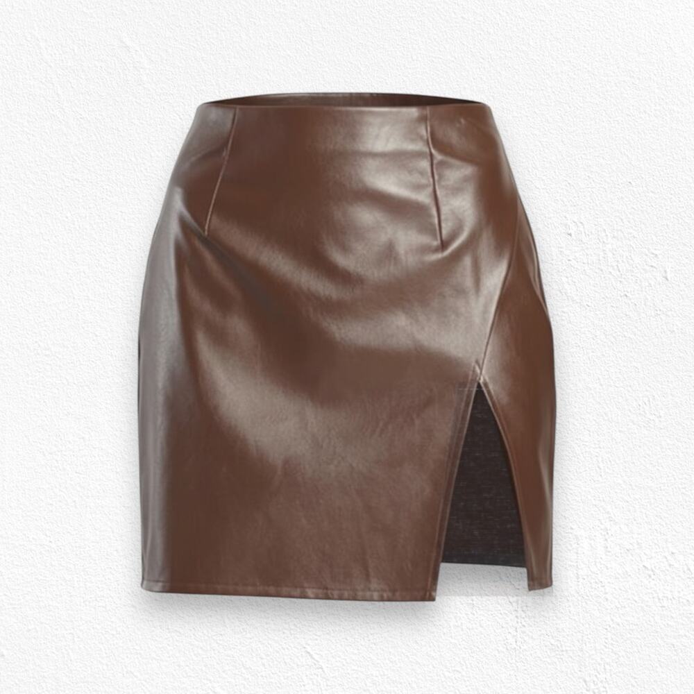 Lulus Dark Brown Vegan Leather Split Hem Walking the Walk Mini Skirt Size Small